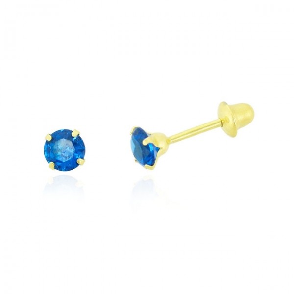 Brinco Infantil Zircônia Azul 3,5mm Ouro 18k